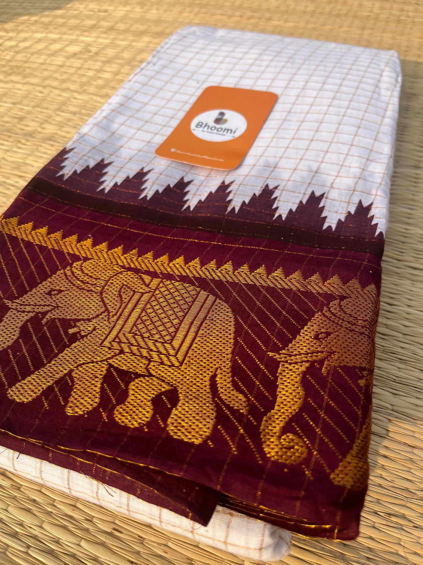 SUNGUDI COTTON SAREE (Off White and Dark maroon)