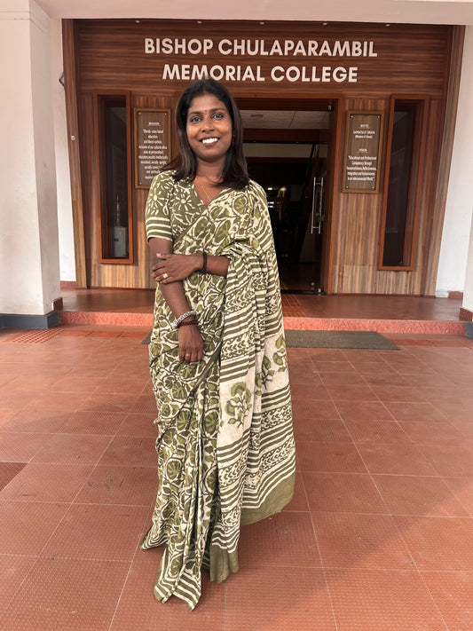 BH002 Hand block printed Mulmul cotton saree