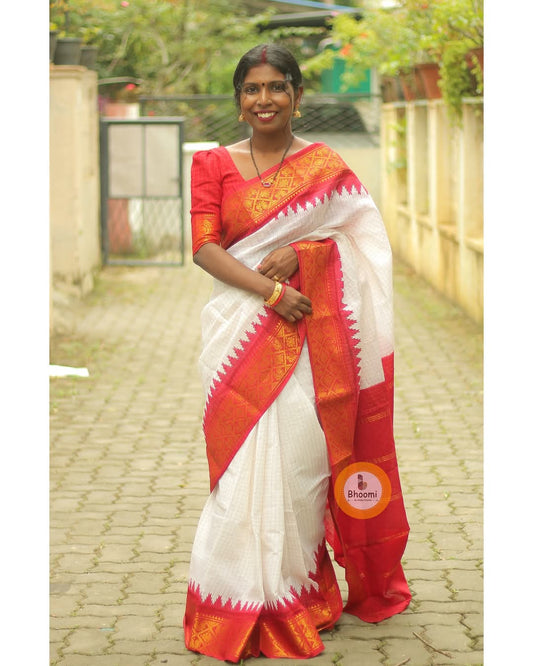 SUNGUDI COTTON SAREE (Off White and red)
