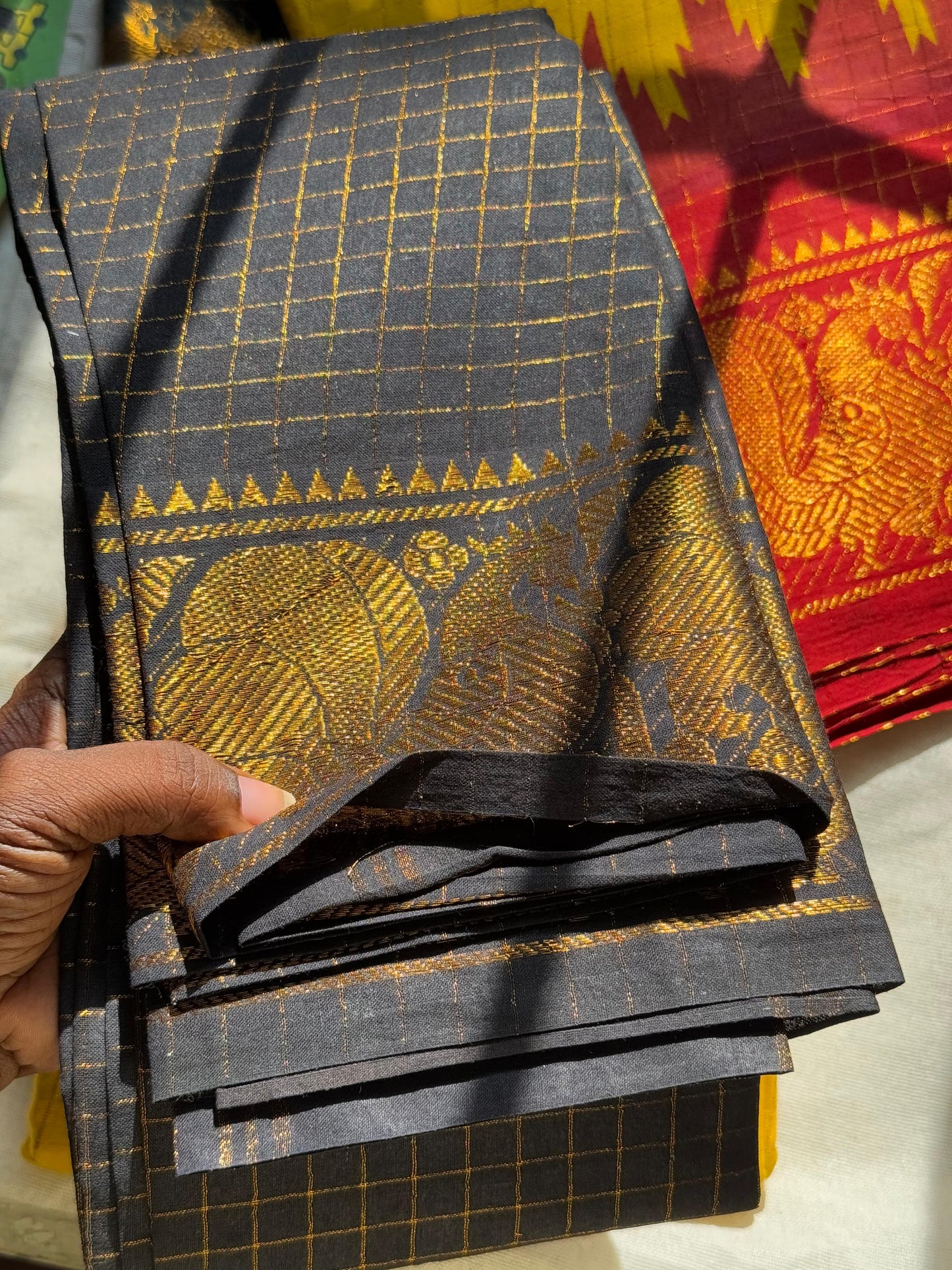 Ganga Jamuna Sungudi saree ( Black/Red border )