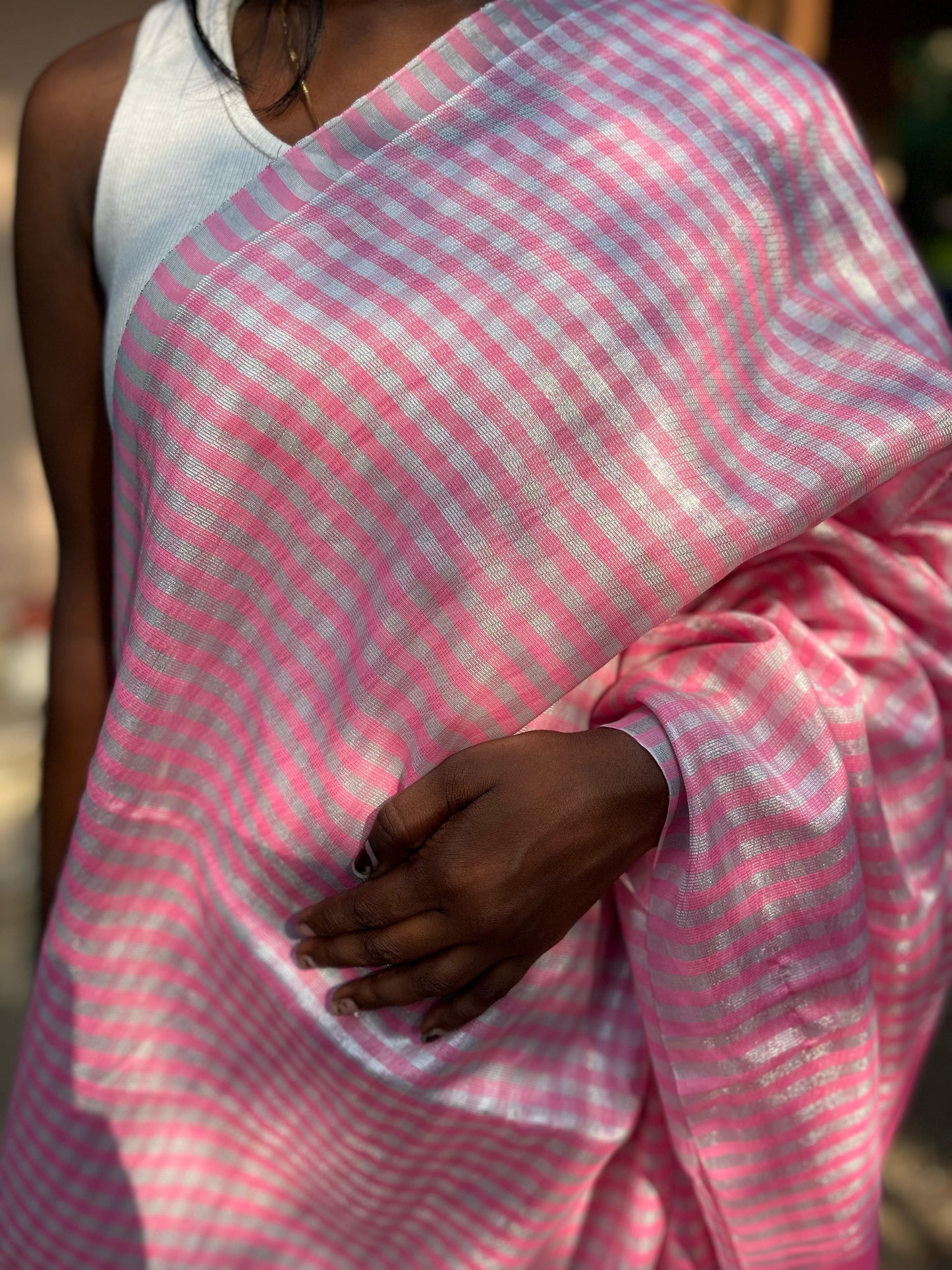 NAYAN 01 - Checked tissue saree Pink