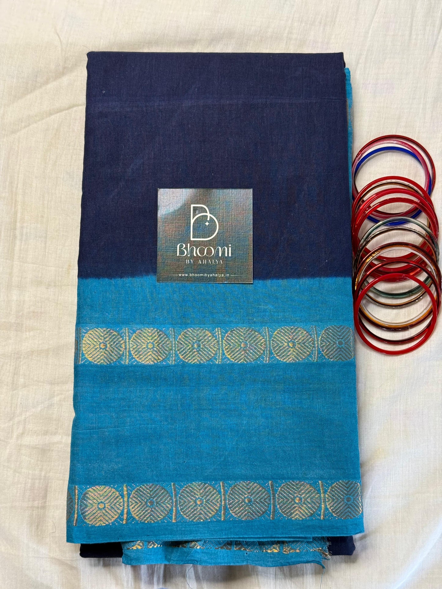 Adyar Sungudi Cotton Saree (Navy blue and sky blue)