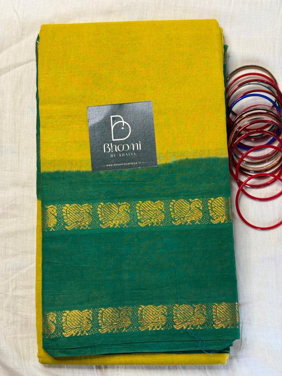 Adyar Sungudi cotton saree (Yellow and Green)