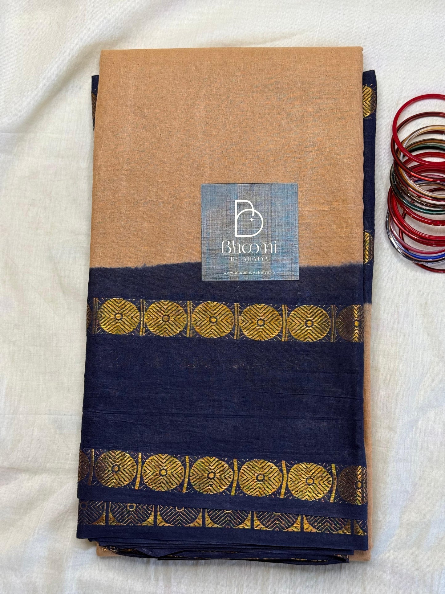 Adyar Sungudi Saree ( Beige and Navy blue )
